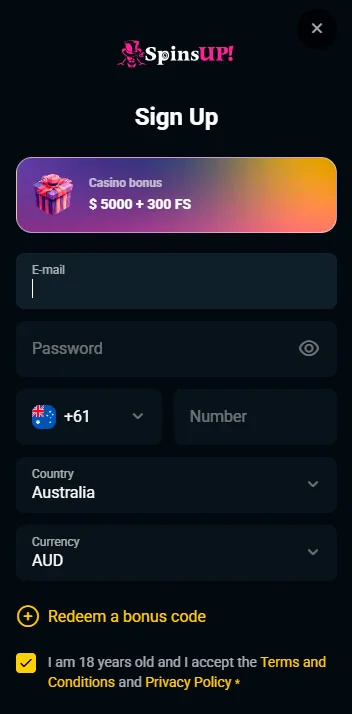 sign up process casino spins up